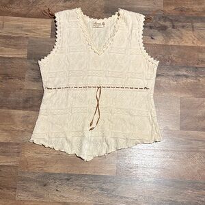 Y2K Cream Textured Blouse with Lace Trim